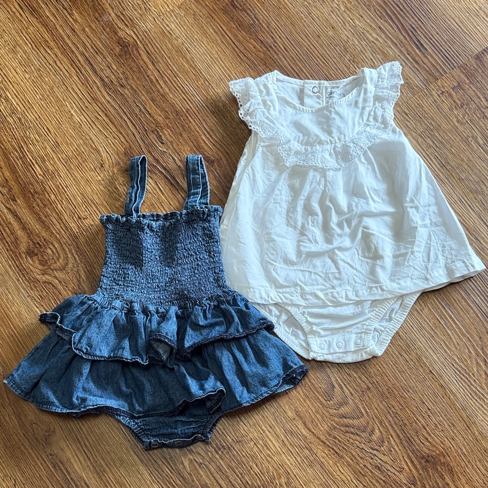 Baby Denim Romper and Carter’s White Onesie-Dress Set